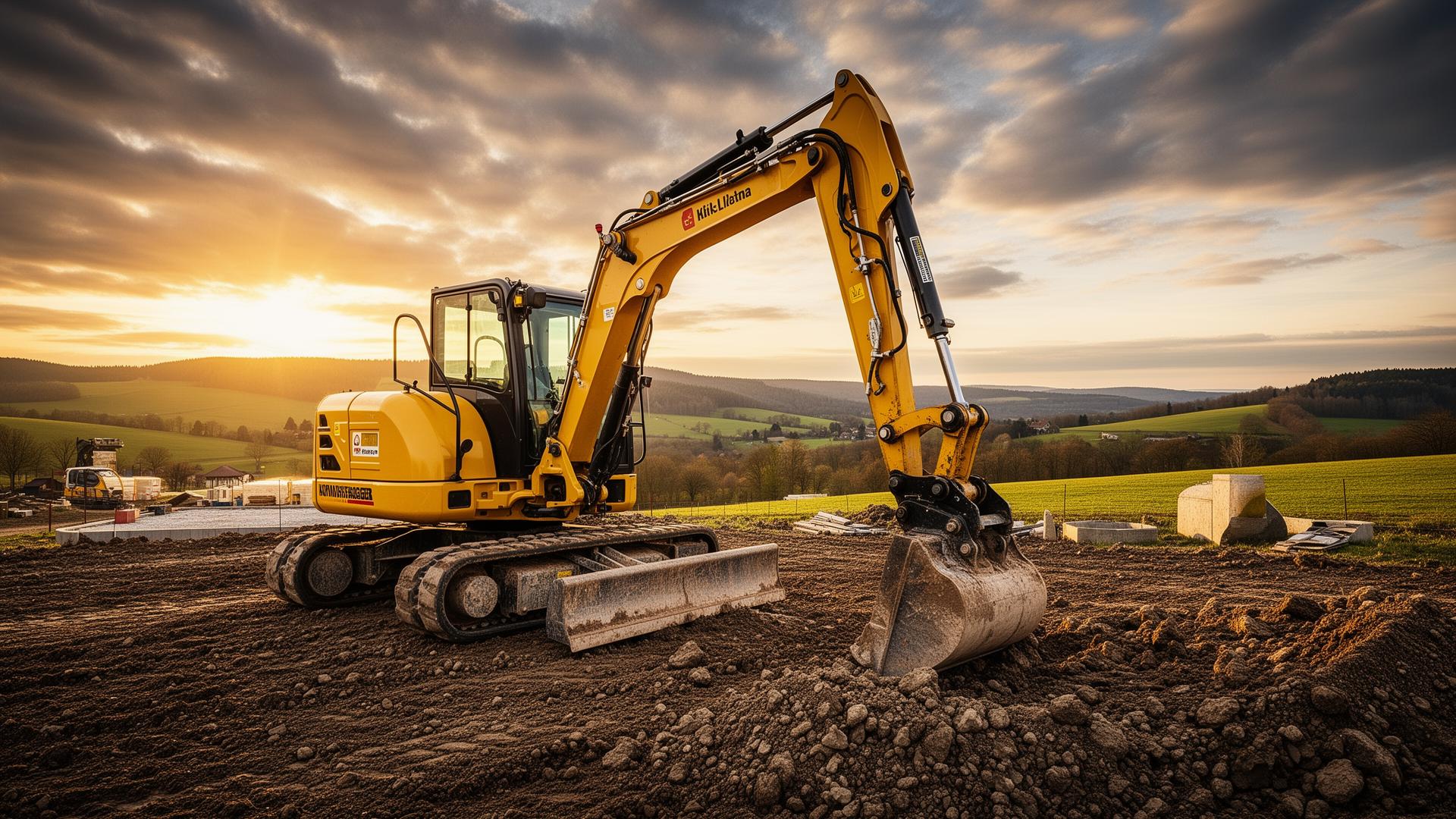 Kompaktbagger auf einer Baustelle im Westerwald